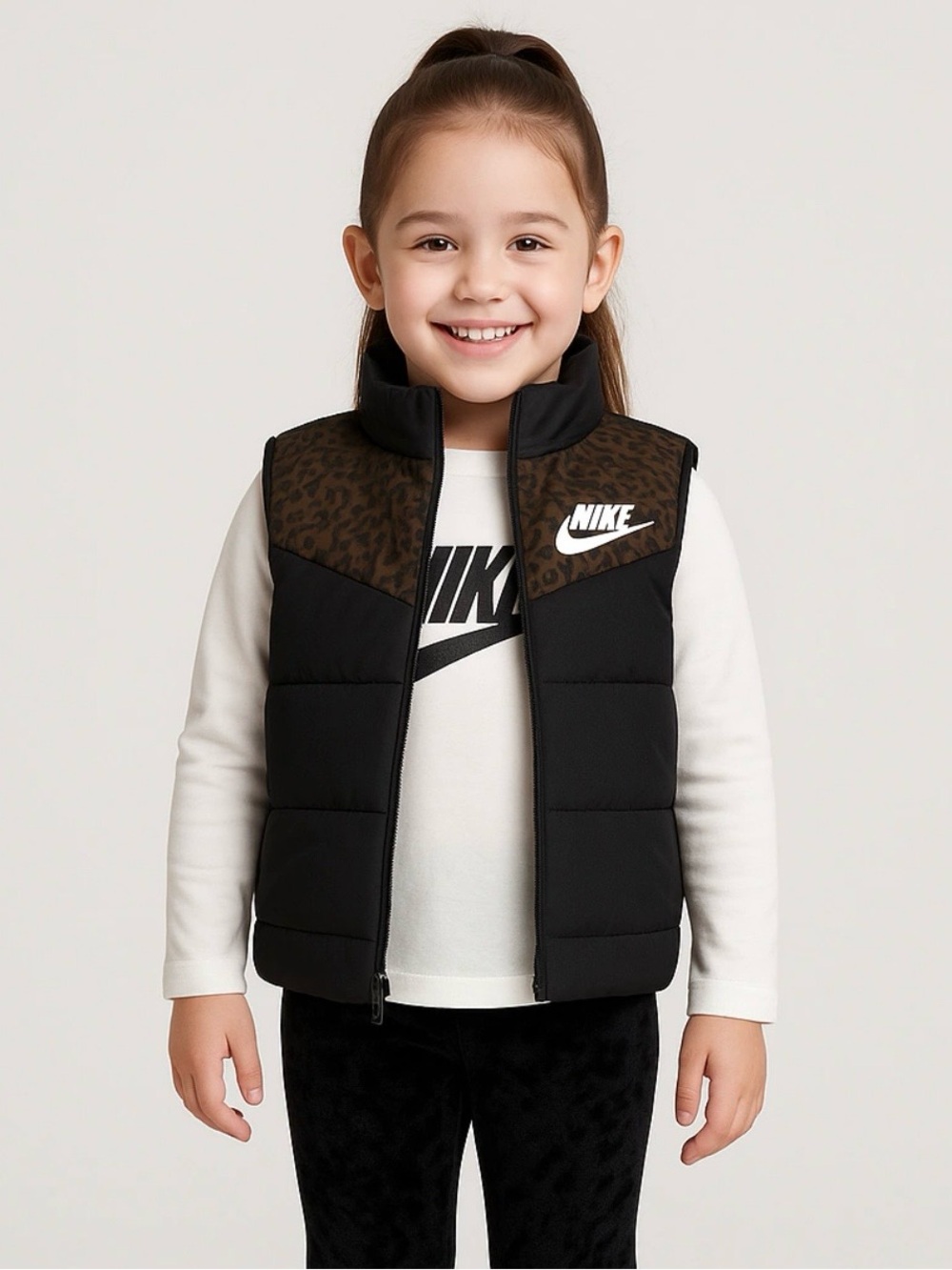Nike Kids Black Puffer Vest with Brown Leopard Yoke